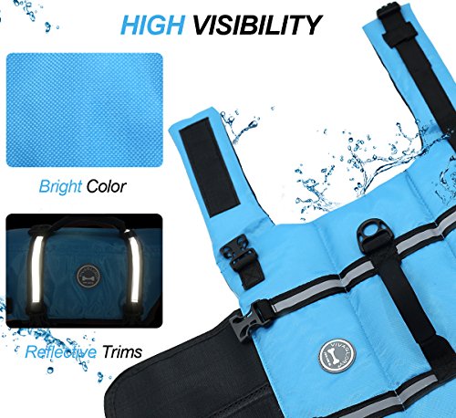 Vivaglory Ripstop Dog Life Vest, Reflective & Adjustable Life Jacket for Dogs with Rescue Handle for Swimming & Boating, Blue, L
