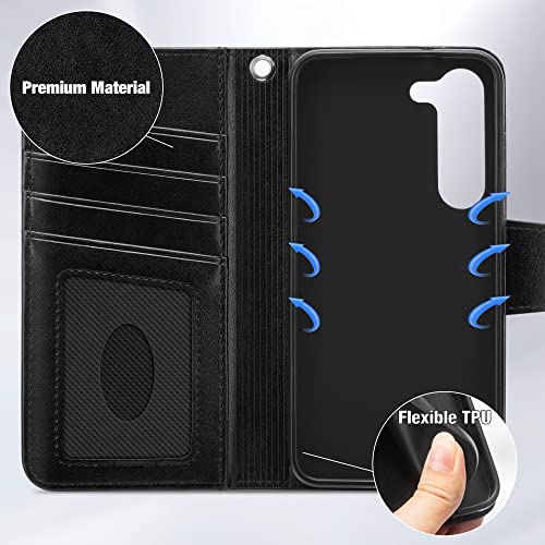 Lugege Compatible with Samsung Galaxy S23 Case Wallet Flip Folio Case [Kickstand] with RFID Blocking Card Holders [Shockproof] and Wrist Strap Phone Cover Black