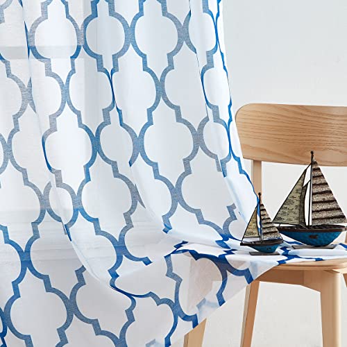 Holiday Blue White Sheer Curtains 95 Inches Long for Living Room Bedroom, Geometric Moroccan Pattern Printed Quatrefoil Window Treatments, Grommet Top Light Filtering Drapes 52"W 2 Panel Sets