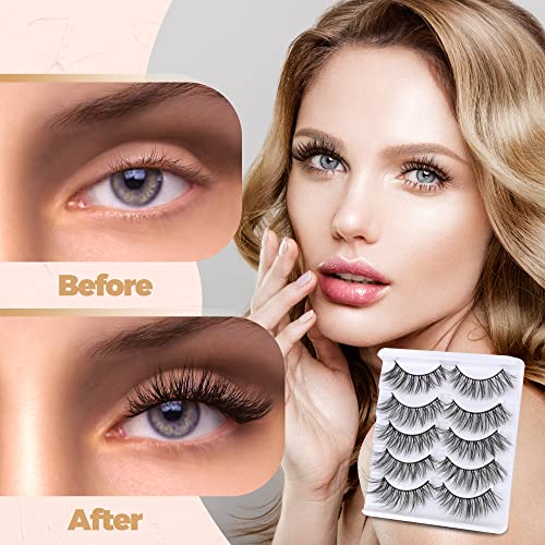 False Eyelashes 3D Natural Look Faux Mink Strip Self Adhesive Lashes 5 Pairs 1 Pack Black 17mm (3D-60)