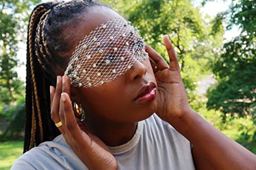 Sparkle with the Sun Goddess Headpiece – Silver Eye Veil with Rhinestones, One Size Fits All