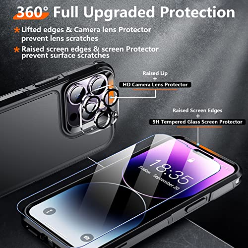 Red2Fire for iPhone 14 Pro Case, with 3 Pack [Glass Screen Protector + Camera Protector][Military Grade Drop Protection] Heavy Duty Shockproof Full Body Cover Phone Case for iPhone 14 Pro 6.1"-Black