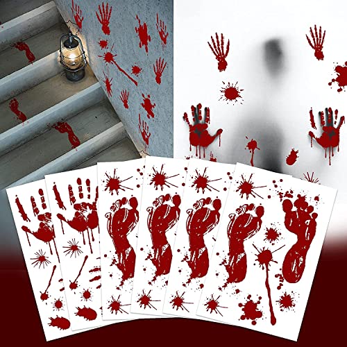 Halloween Decorations 6 Sheets Bloody Handprint Footprint 56 Pieces Halloween Window Wall Decal Floor Clings Scary Halloween Decoration Window Stickers PVC Reusable Material