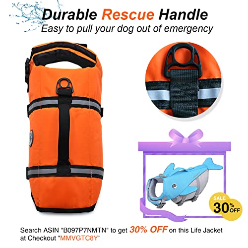 Vivaglory Ripstop Dog Life Vest, Reflective & Adjustable Life Jacket for Dogs with Rescue Handle for Swimming & Boating, Bright Orange, L