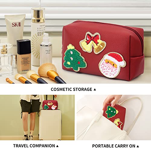Preppy Patch Christmas Gift for Women Small Toiletry Bag Smile Lightning Heart PU Leather Waterproof Makeup Cosmetic Bag Daily Use Storage Purse Travel Organizer Compliant Bag for Women Girls Red…