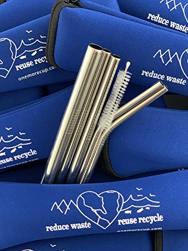 One More Cup - 2 Pack - Reusable Stainless Steel Drinking Straws - Cleaning Brush - Straw Case
