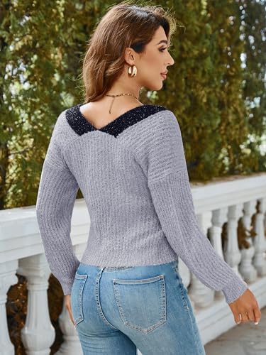 Stylish Purple Sparkle V-Neck Cropped Sweater for Trendy Fall & Winter Fashion