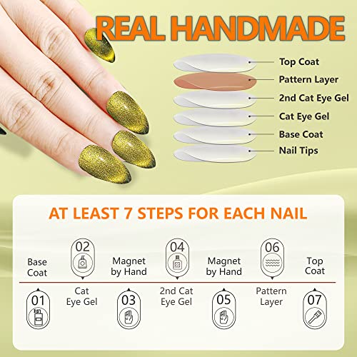 24pcs Handmade Almond Gold Glitter Cat Eye Press-On Nails w/ Black French Tip