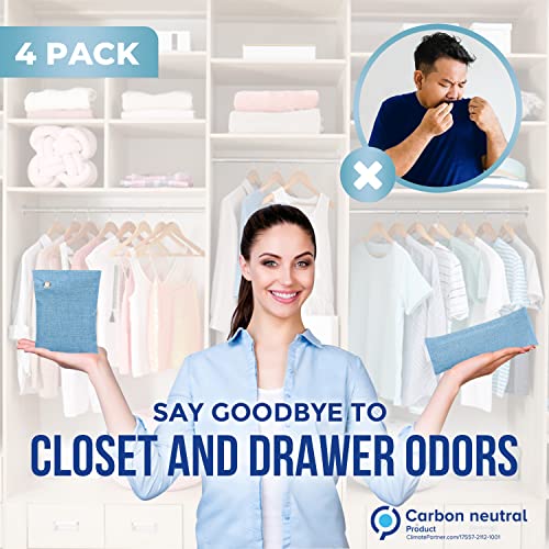 Closet and Drawer Deodorizer Bags (4 Pack) - Naturally Absorbs and Eliminates Closet Odors- 2 XL Closet Deodorizers and 2 Drawer Deodorizers - Unscented and Organic Charcoal Closet Odor Eliminator