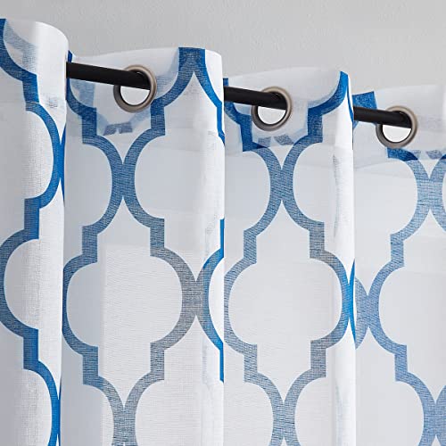 Holiday Blue White Sheer Curtains 95 Inches Long for Living Room Bedroom, Geometric Moroccan Pattern Printed Quatrefoil Window Treatments, Grommet Top Light Filtering Drapes 52"W 2 Panel Sets