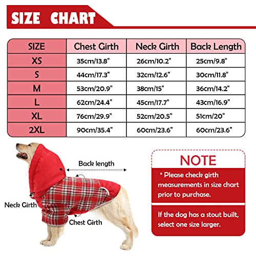 IKIPUKO Dog Winter Coat, Dog Fleece Jacket Dog Coat with Harness Hole Dog Hoodie with Hat Plaid Warm Dog Coat for Large Medium Small Dogs Puppy Hoodie Hooded Cold Weather Clothes(Red,L)