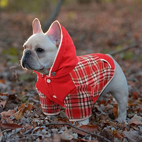 IKIPUKO Dog Winter Coat, Dog Fleece Jacket Dog Coat with Harness Hole Dog Hoodie with Hat Plaid Warm Dog Coat for Large Medium Small Dogs Puppy Hoodie Hooded Cold Weather Clothes(Red,L)