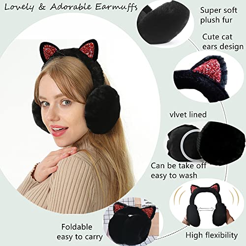 Eyegla Winter Ear Muffs for Women Fleece Ear Warmers Faux Fur Warm Cat Ear Earmuffs Foldable Outdoor Winter Ear Cover for Girls,Black