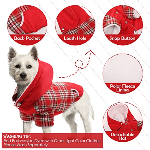 IKIPUKO Dog Winter Coat, Dog Fleece Jacket Dog Coat with Harness Hole Dog Hoodie with Hat Plaid Warm Dog Coat for Large Medium Small Dogs Puppy Hoodie Hooded Cold Weather Clothes(Red,L)