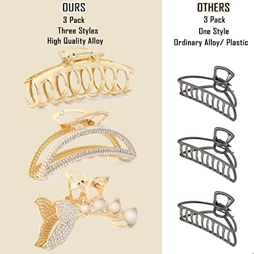 Large Metal Hair Claws for Women Moon Hair Claws for Thick Hair 5 Pack 4.3" Fancy Gold Pretty Pearl Rhinestones Claws for Girls Gift for Mom Wife Daughter Girlfriend Friends