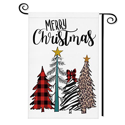 Merry Christmas Tree Garden Flag: Farmhouse Christmas Decorations Outdoor Yard Flag Burlap 12x18 Double Sided Buffalo Check Winter Seasonal Holiday House Decor for Outside Party