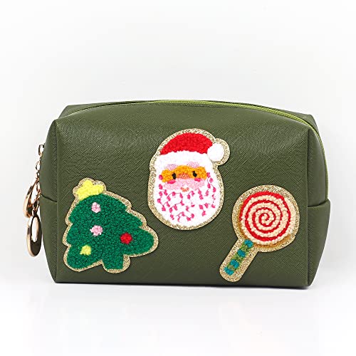 Preppy Patch Christmas Gift for Women Small Toiletry Bag Smile Lightning Heart PU Leather Waterproof Makeup Cosmetic Bag Daily Use Storage Purse Travel Organizer Compliant Bag for Women Girls Green…