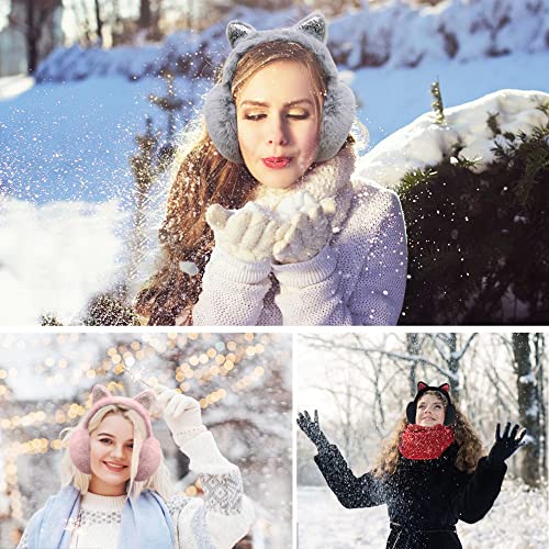 Eyegla Winter Ear Muffs for Women Fleece Ear Warmers Faux Fur Warm Cat Ear Earmuffs Foldable Outdoor Winter Ear Cover for Girls,Grey