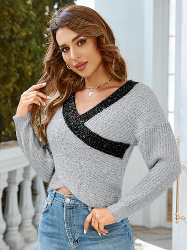Chic Gray Women's Sparkly V-Neck Color Block Cropped Sweater for Trendy Fall Fashion