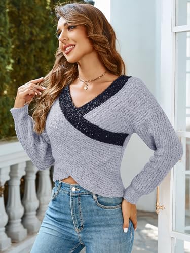 Stylish Purple Sparkle V-Neck Cropped Sweater for Trendy Fall & Winter Fashion