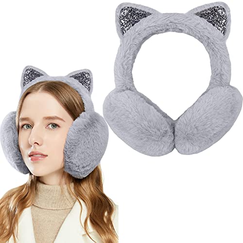 Eyegla Winter Ear Muffs for Women Fleece Ear Warmers Faux Fur Warm Cat Ear Earmuffs Foldable Outdoor Winter Ear Cover for Girls,Grey