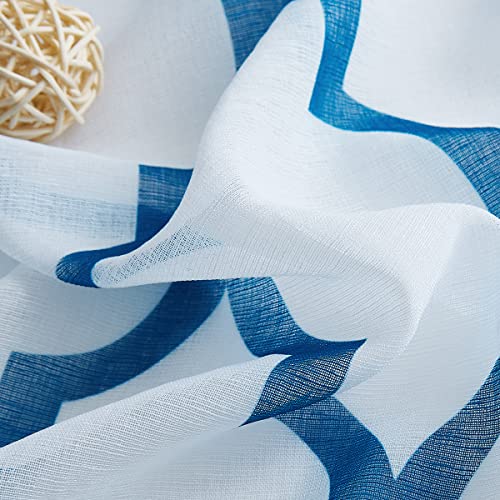 Holiday Blue White Sheer Curtains 95 Inches Long for Living Room Bedroom, Geometric Moroccan Pattern Printed Quatrefoil Window Treatments, Grommet Top Light Filtering Drapes 52"W 2 Panel Sets