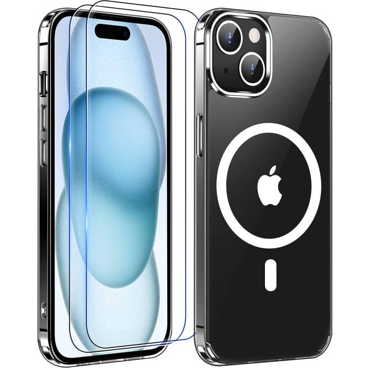 Magnetic iPhone 15 Clear Case with Magsafe, Dual Screen Protectors, Anti-Yellow & Military-Grade Drop Protection, 6.1 inch