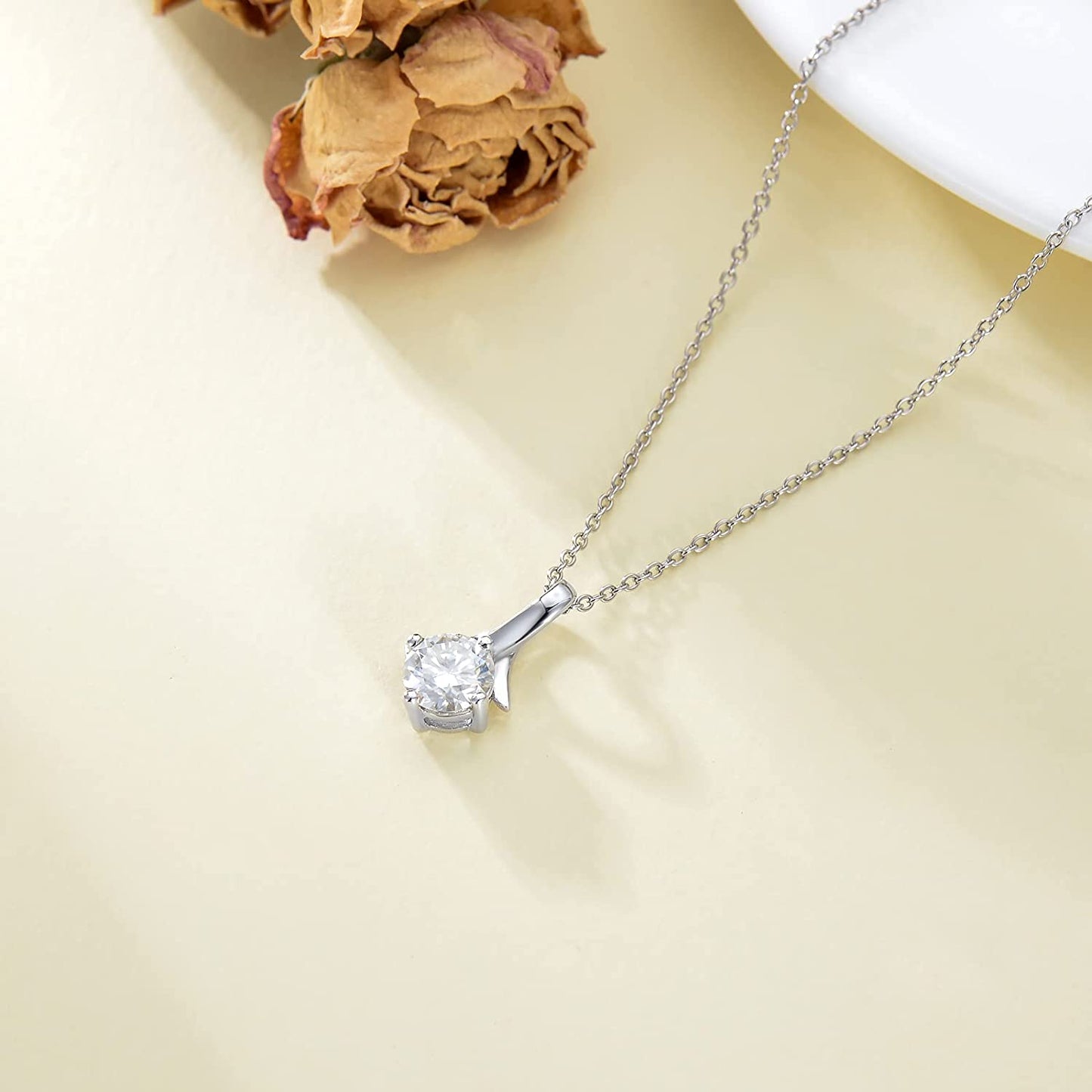 925 Sterling Silver 1 CT 6.5mm Round Brilliant Cut Solitaire Moissanite Necklace