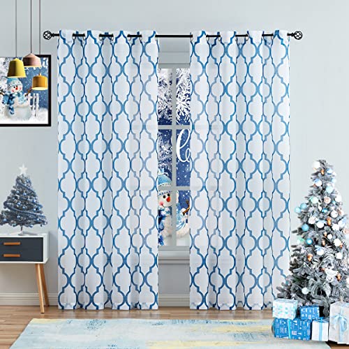 Holiday Blue White Sheer Curtains 95 Inches Long for Living Room Bedroom, Geometric Moroccan Pattern Printed Quatrefoil Window Treatments, Grommet Top Light Filtering Drapes 52"W 2 Panel Sets