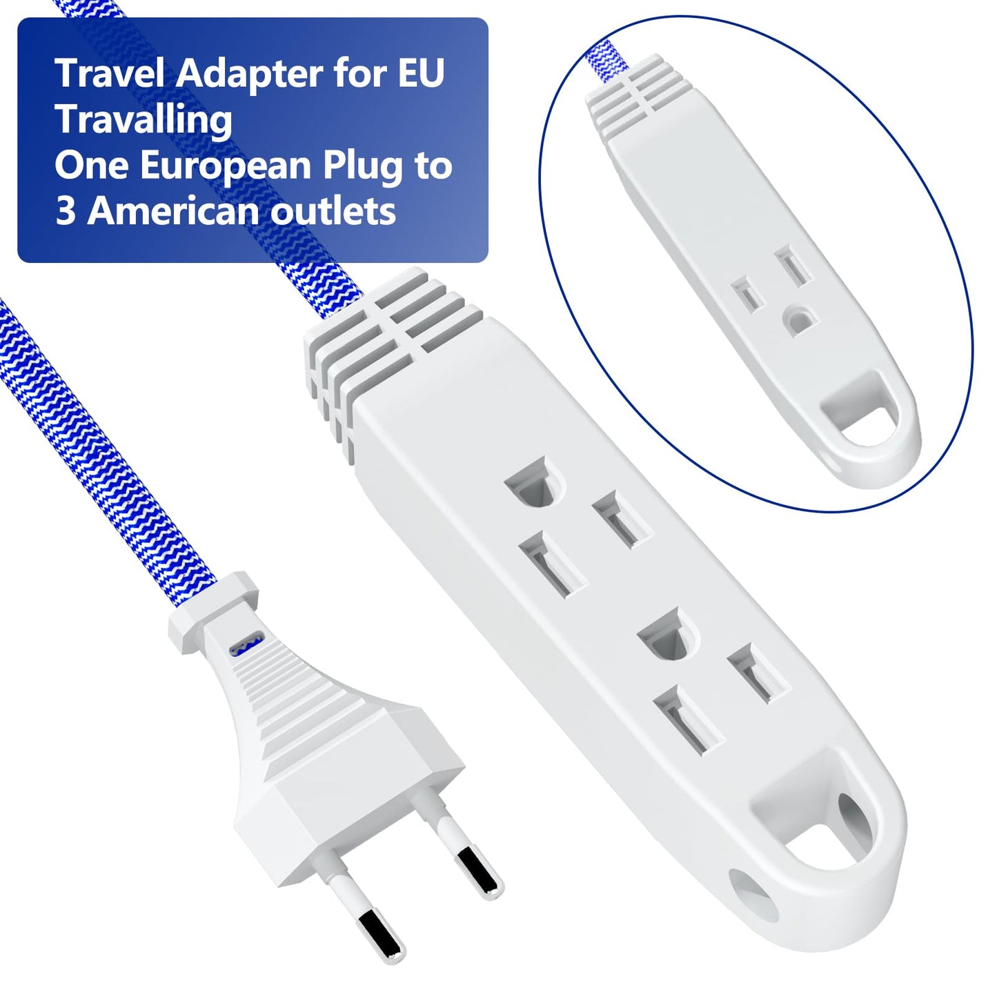1.5ft Extension Cord European Travel Plug Adapter w/ 3 US Outlets