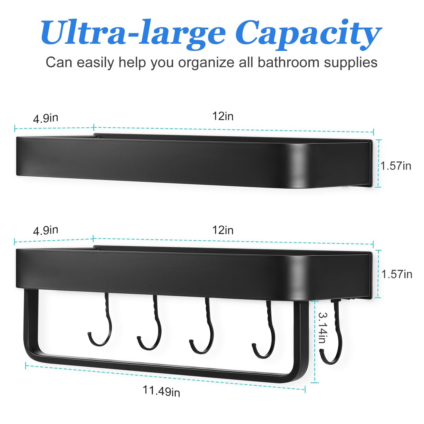 2-Piece Black Space Aluminum Shower Caddy: No-Drill Organizer with Hooks