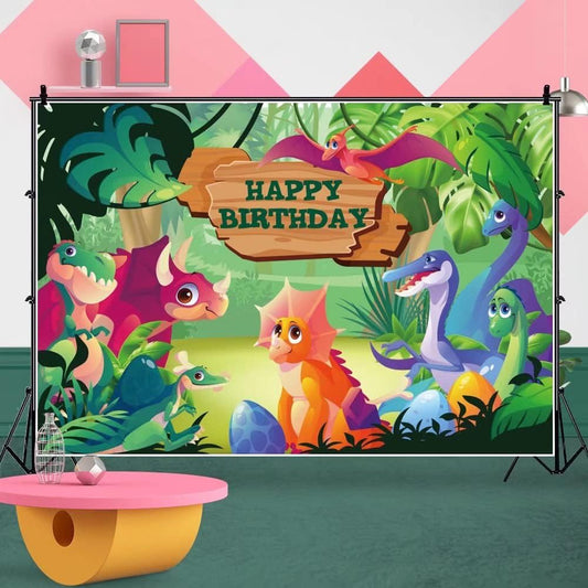 8x6ft Dinosaur Happy Birthday Party Decorations Round Backdrop Cover