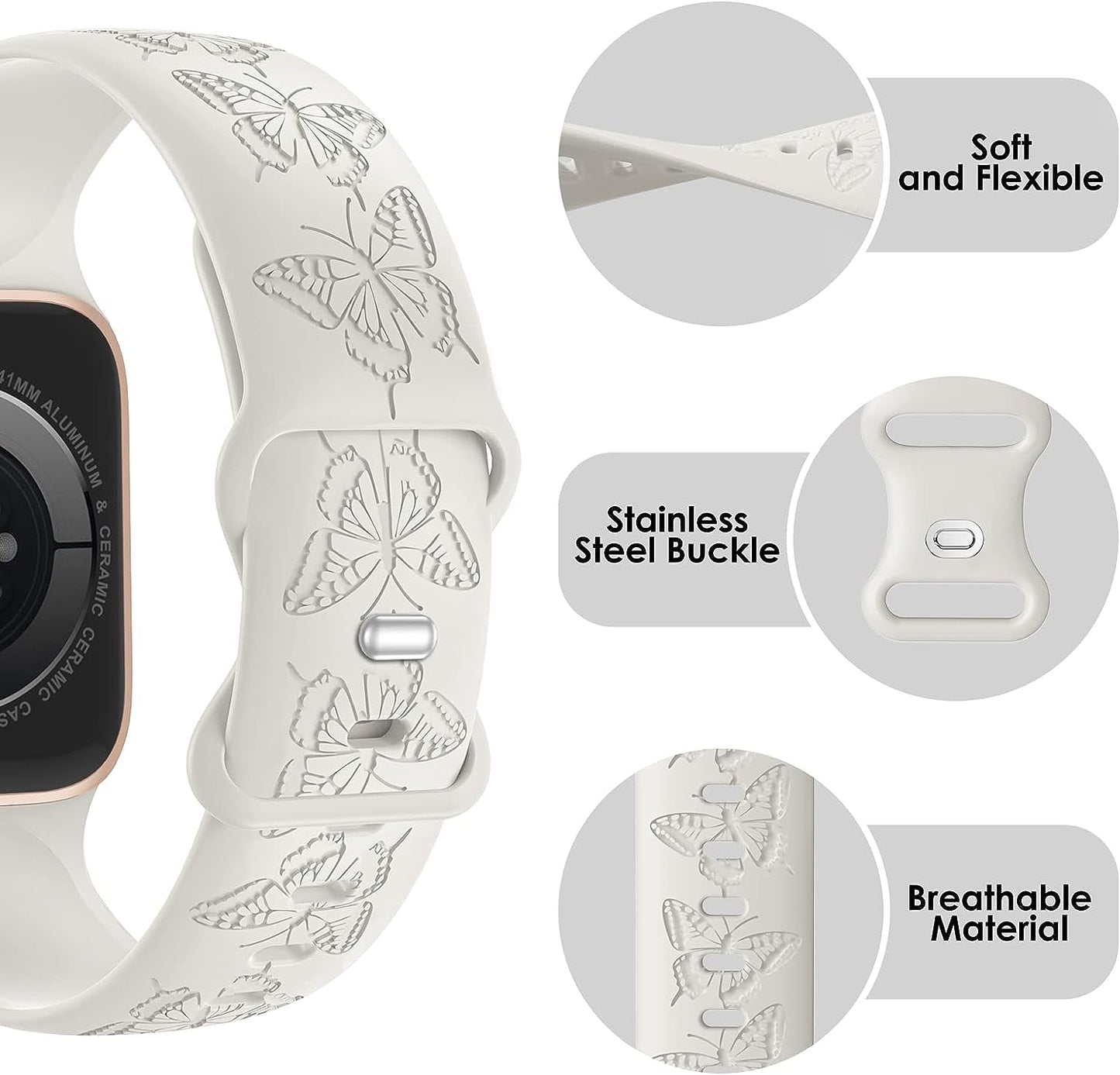 White Butterfly Engraved Soft Silicone Apple Watch Sport Band 38mm/40mm/41mm