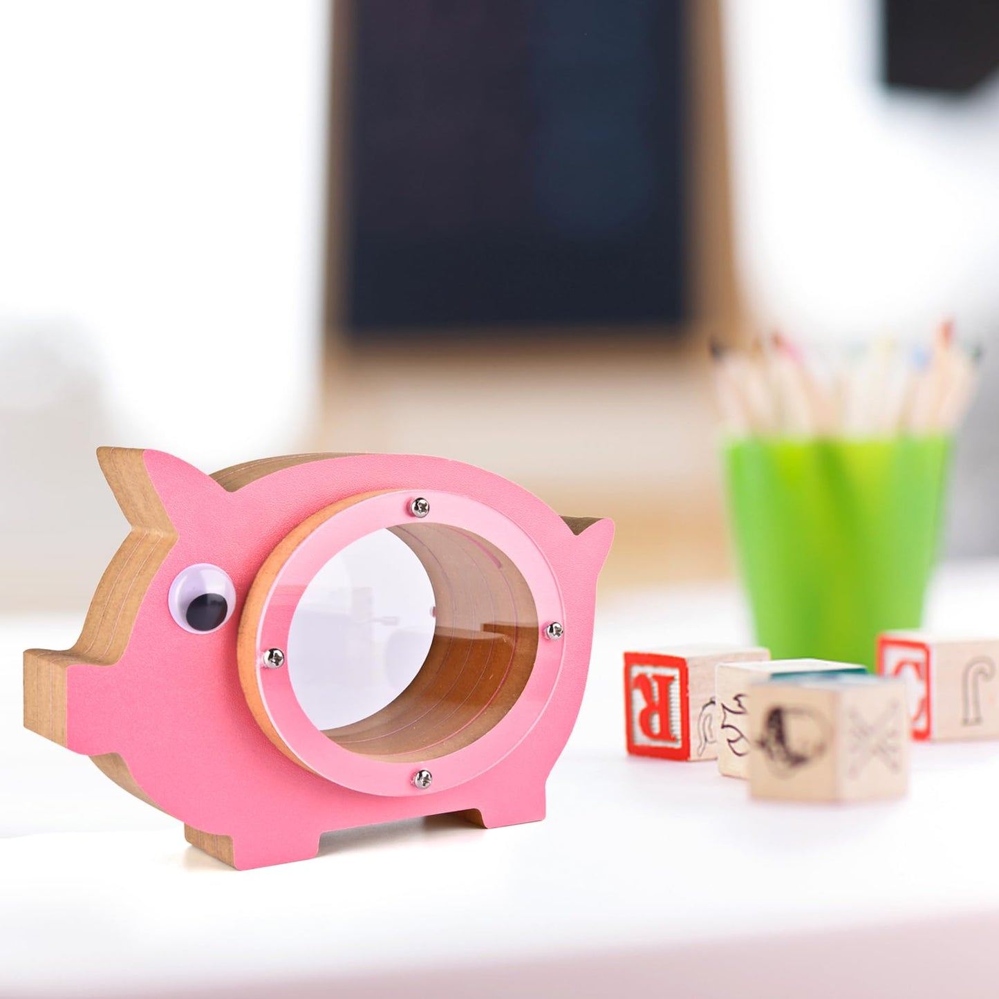 Personalized Wooden Piggy Bank for Kids | Transparent Savings Box | Ideal Birthday & Christmas Gift - Pink