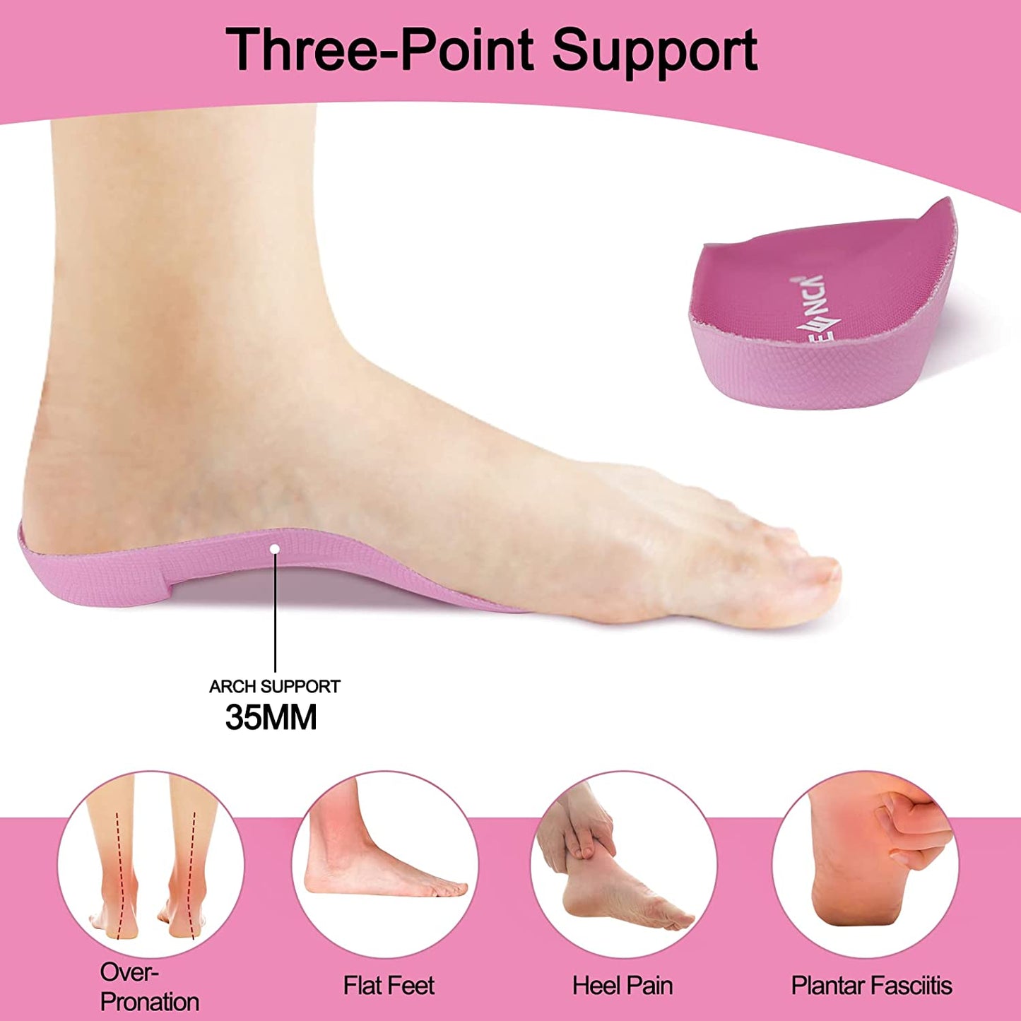 Pink Men's 7.5-9.5 Arch Support Insoles for Plantar Fasciitis Foot Pain Relief