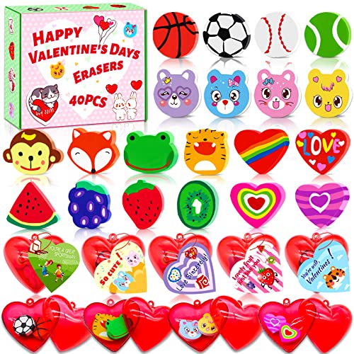 Valentines Day Gifts for Kids-40 Valentine Cards for Kids 80 Mini Erasers ,Valentines Class Classroom Exchange Gifts Valentine Party Favors Goodie Bags Fillers School Prizes for Boys Girls