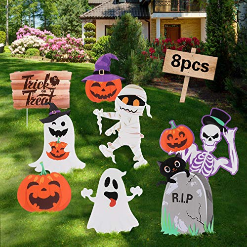STOBOK 8pcs Halloween Decorations Outdoor,Extra Large Pumpkins Ghost Corrugate Lawn Yard Signs with Stake,Family Friendly Halloween Trick or Treating Party Prop