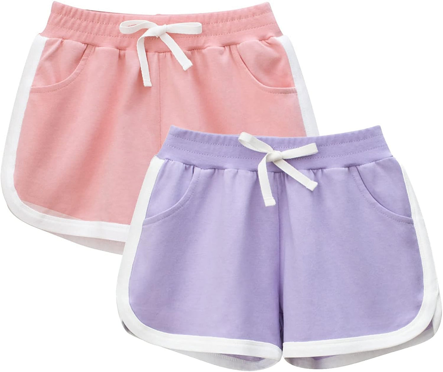 2pk (Pink/Purple) Size 4Y-5Y Cotton Athletic Shorts w/ Decorative Drawstring