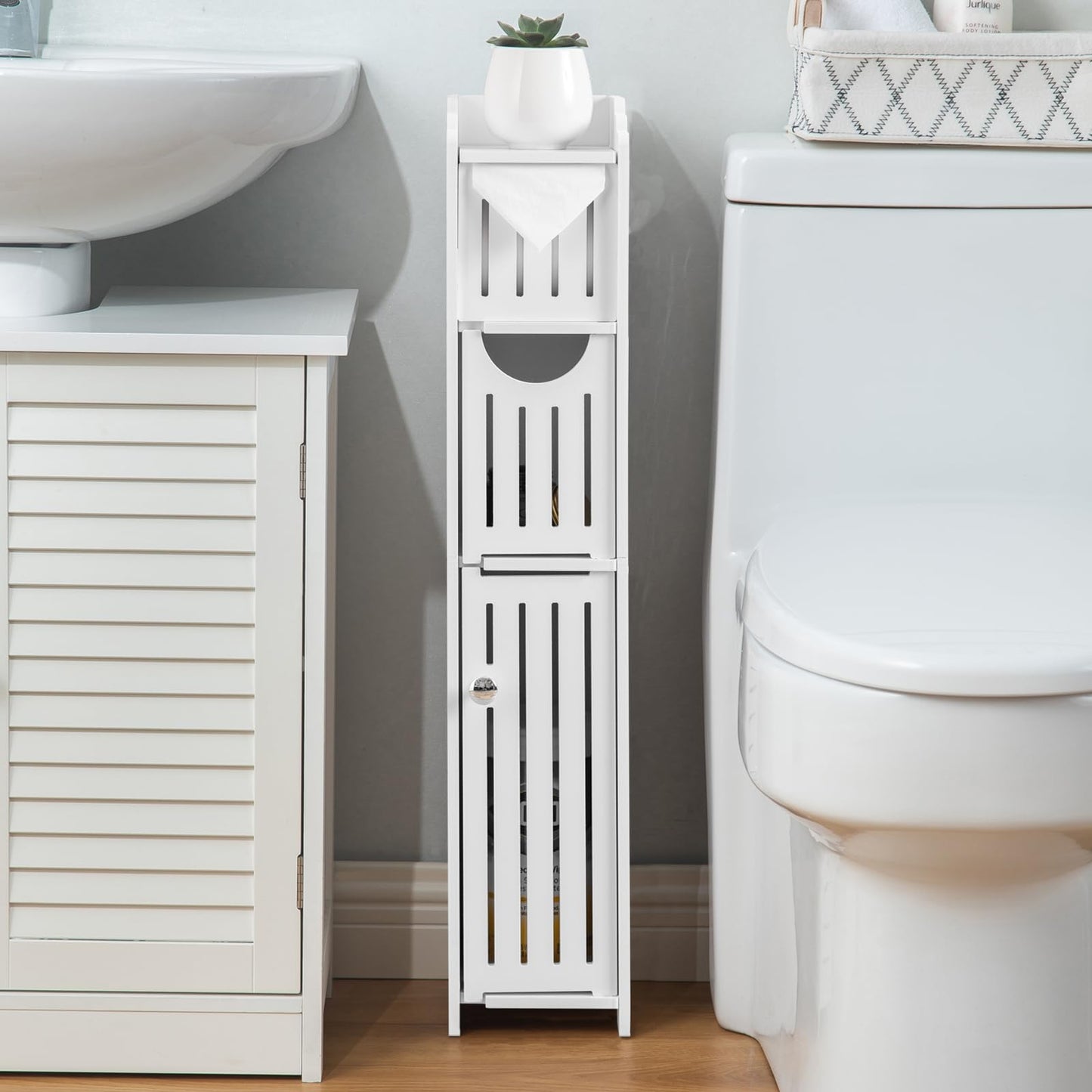 Space-Saving Bathroom Furniture Set: Slim Toilet Paper Holder and Storage Cabinet for Compact Bathrooms