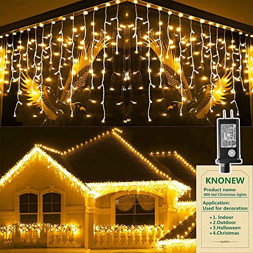 Christmas Lights Outdoor Decorations 400 LED 33ft 8 Modes Curtain Fairy String Light with 75 Drops, Clear Wire LED String Light Indoor Decor for Wedding Party Holiday Christmas Decorations Warm White