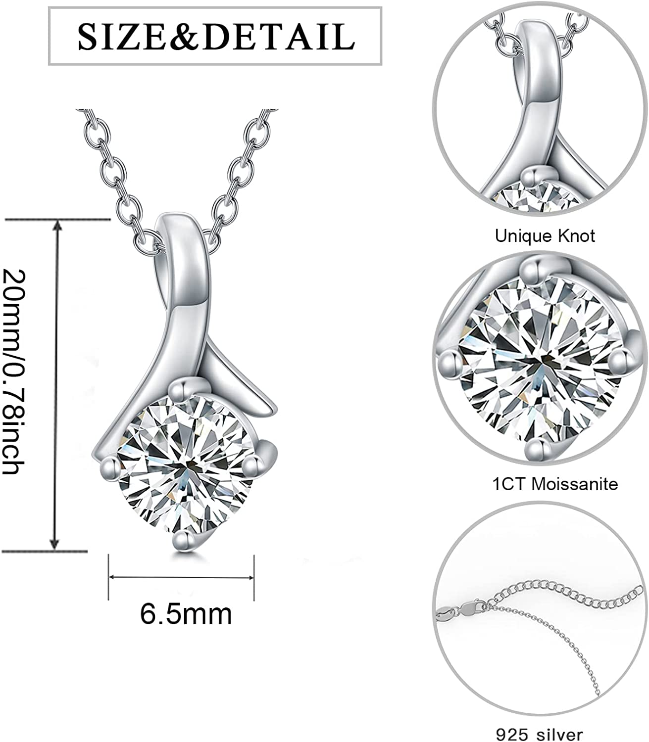 925 Sterling Silver 1 CT 6.5mm Round Brilliant Cut Solitaire Moissanite Necklace