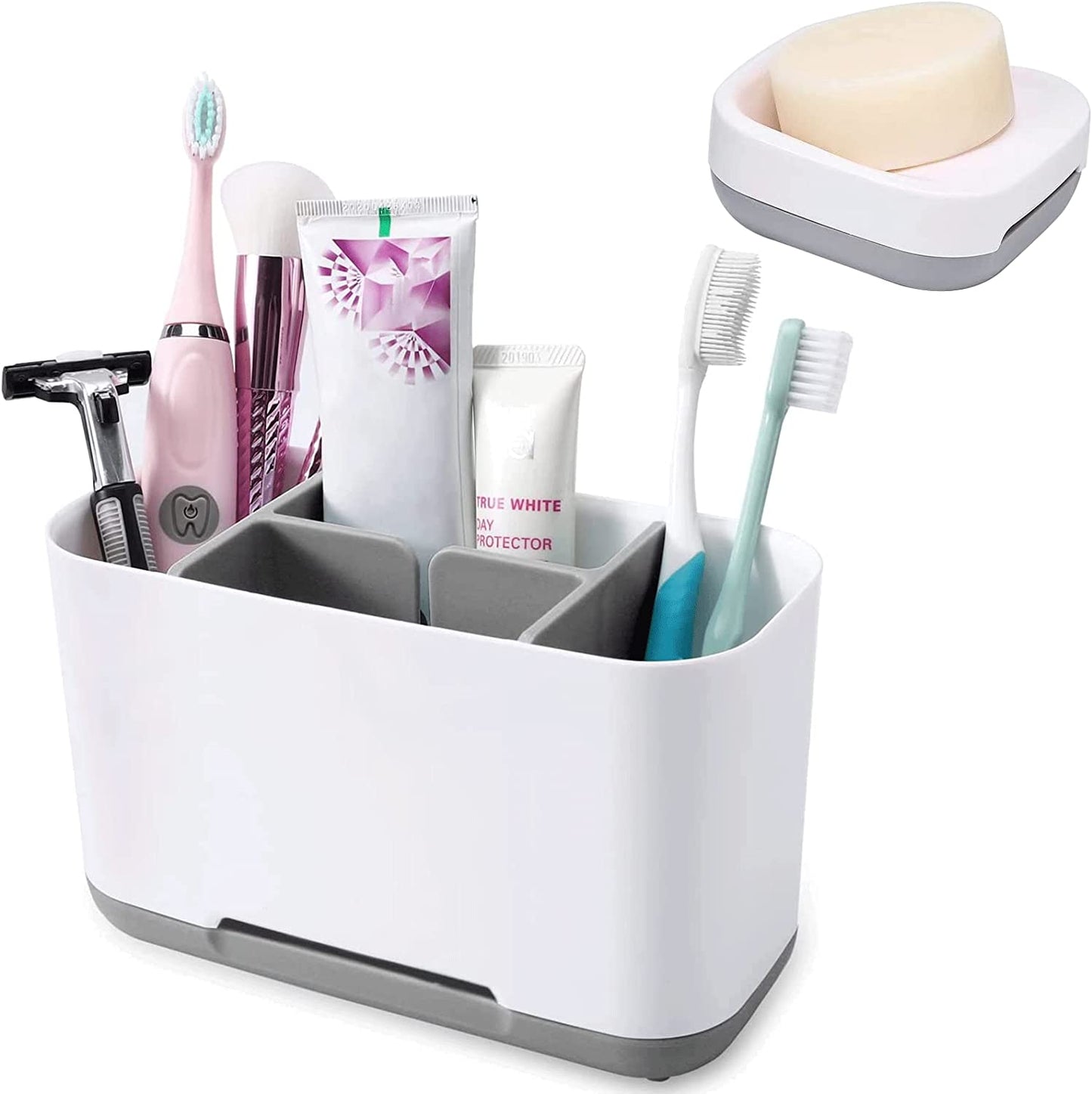 White Plastic Anti-Slip Bathroom Toothbrush & Soap Holder Set