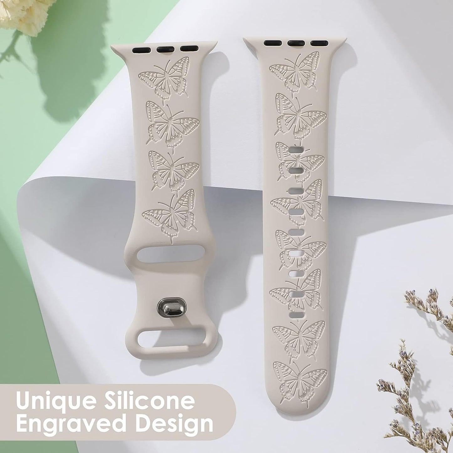 White Butterfly Engraved Soft Silicone Apple Watch Sport Band 38mm/40mm/41mm