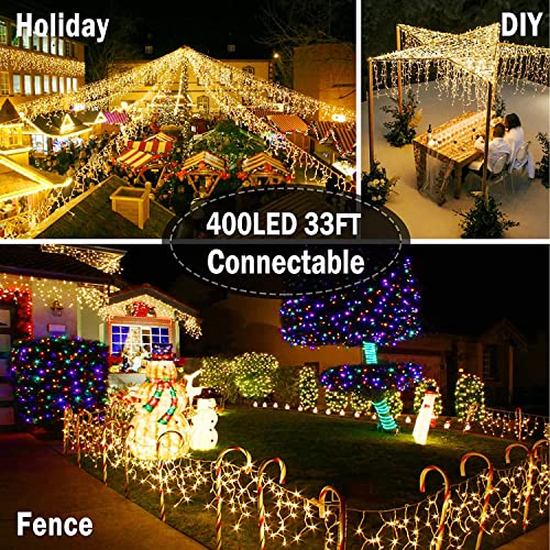 Christmas Lights Outdoor Decorations 400 LED 33ft 8 Modes Curtain Fairy String Light with 75 Drops, Clear Wire LED String Light Indoor Decor for Wedding Party Holiday Christmas Decorations Warm White