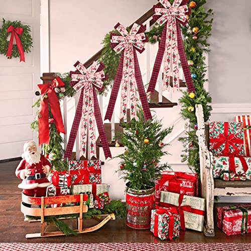 Christmas Tree Topper Bow, 29 Inch Long Ribbon Rustic Tree Topper, Red Beige Large Buffalo Plaid Xmas Bow Tree Topper with Streamer Wired Edge for Christmas Decoration, 37x13 Inch