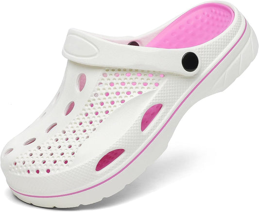 Women 5.5 - 6.5 | Men 4.5 - 5.5 White/Pink Slip-On Shoes/Clogs/Crocs w/ Removable Cushion Insole