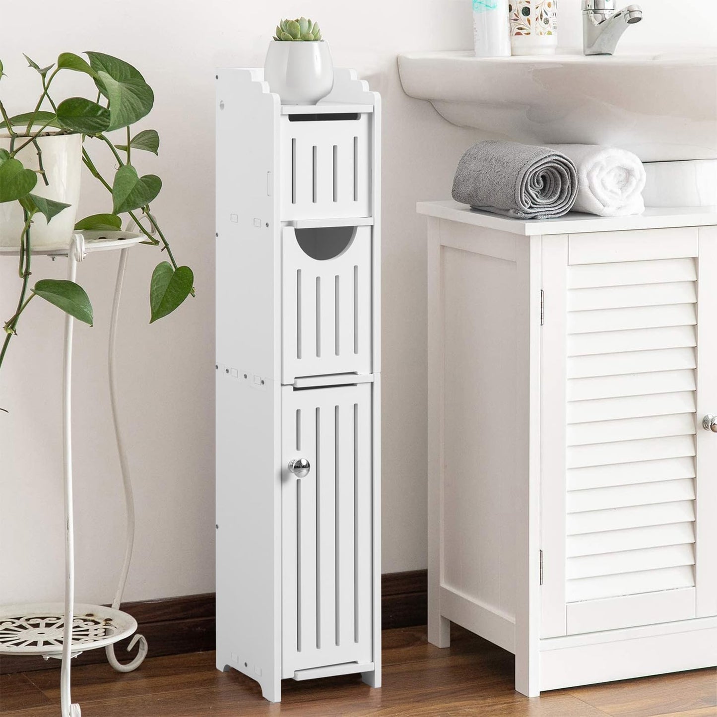 Space-Saving Bathroom Furniture Set: Slim Toilet Paper Holder and Storage Cabinet for Compact Bathrooms