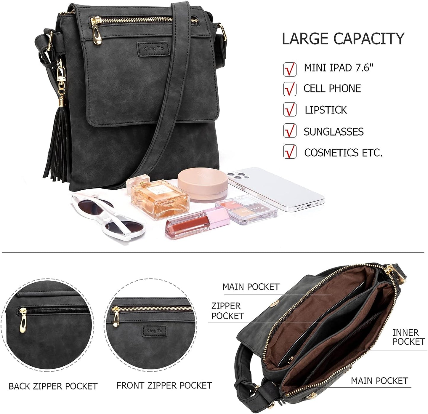 10.2"H x 0.7"W x 8.6"L Black Leather Crossbody Bag/Shoulder Bag/Purse/Handbag