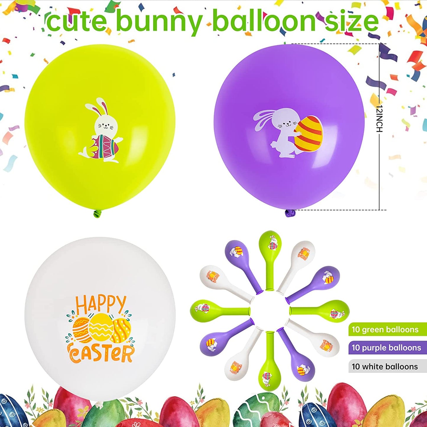 30pcs 12" Happy Easter Latex Balloons (10 Purple/10 Green/10 White)