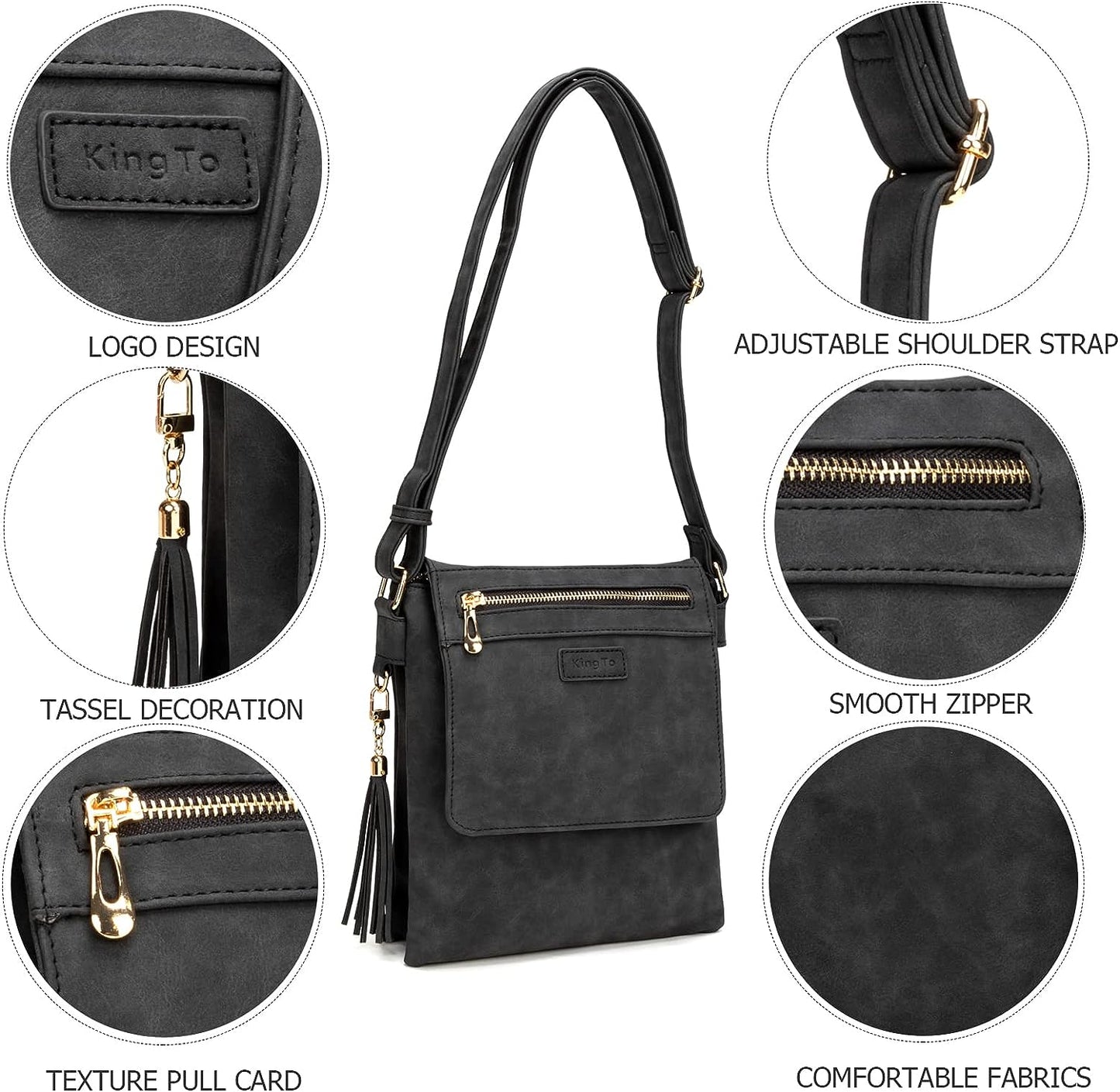 10.2"H x 0.7"W x 8.6"L Black Leather Crossbody Bag/Shoulder Bag/Purse/Handbag